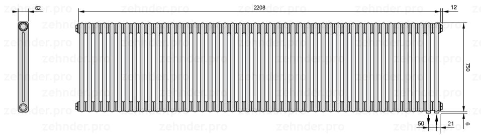 Схема (чертеж) Радиатор Zehnder Charleston 2075/48 №5510 Белый глянцевый RAL 9016